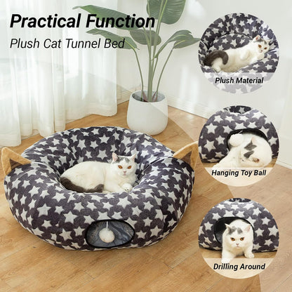 Large Cat Tunnel Bed with Plush Cover,Fluffy Toy Balls, Small Cushion and Flexible Design- 10 Inch Diameter, 3 Ft Length- Great for Cats, and Small Dogs, Gray Star Pattern